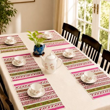 Pink Stripe Handmade Canvas Cotton Table Mat Set